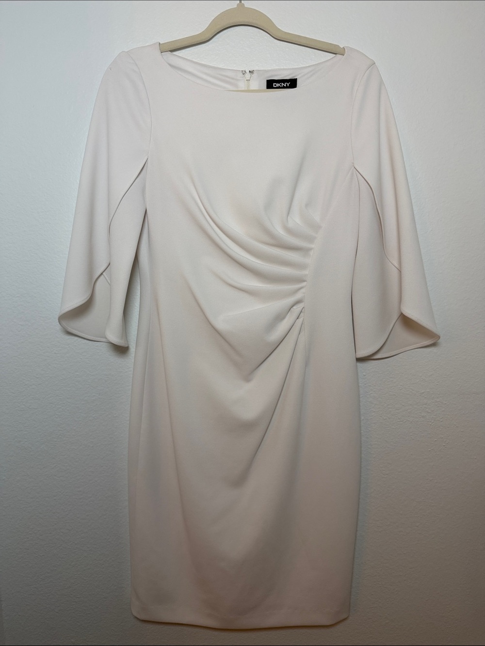 DKNY Cream Ruched Sheath Dress with Elbow Sleeves